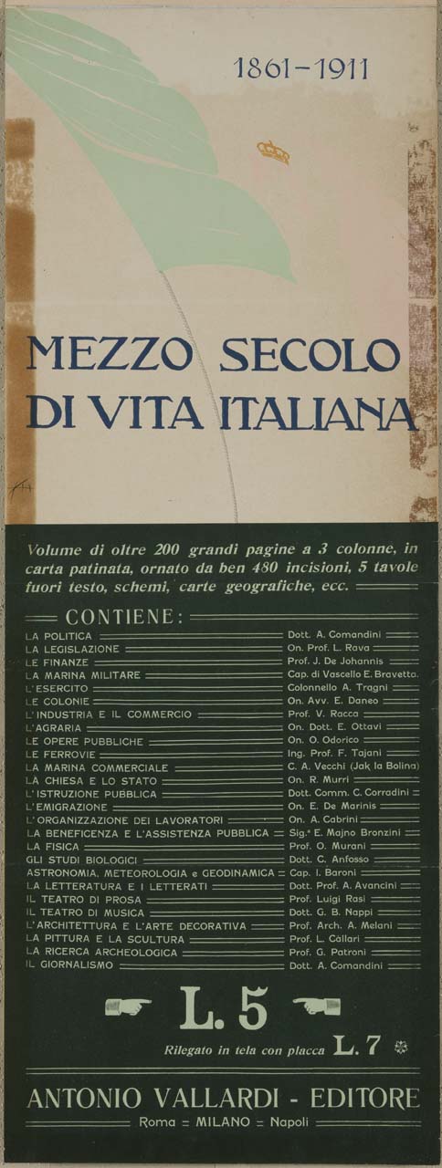 bandiera del Regno d'Italia che sventola sopra l'indice di un volume (manifesto) di Mazza Aldo (sec. XX)
