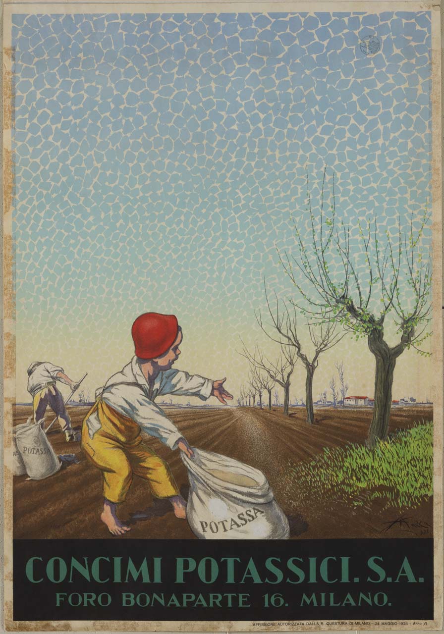 un campo arato in inverno dove un bambino getta il concime di potassio da un sacco e sullo sfondo un contadino che lavora (manifesto) di Mazza Aldo (sec. XX)
