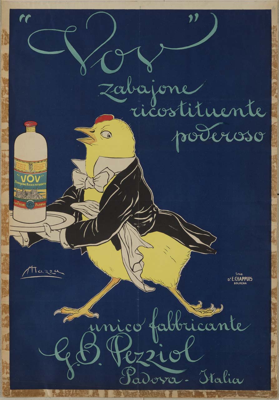 pulcino con livrea da cameriere serve una bottiglia su un vassoio (manifesto) di Mazza Aldo (sec. XX)