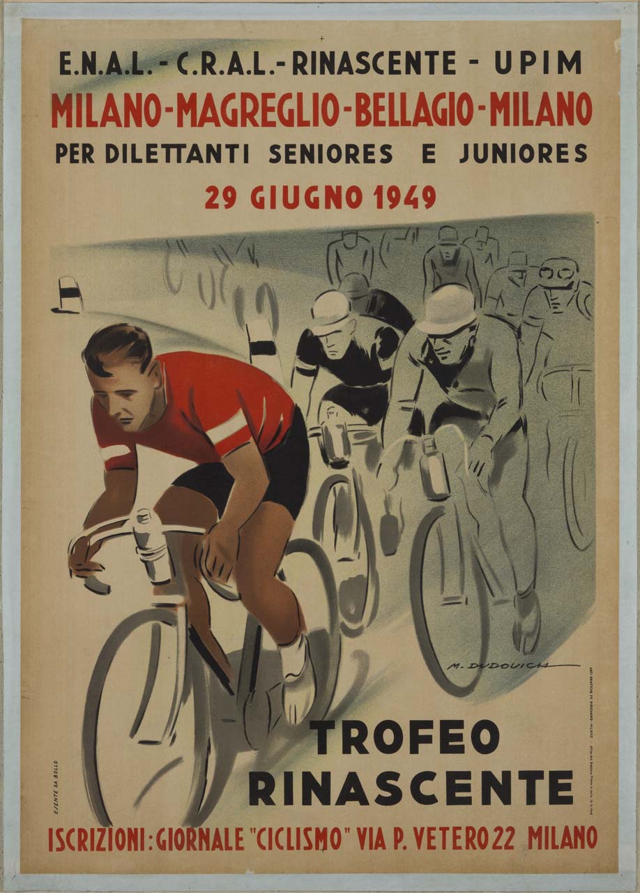 ciclisti in gruppo durante una gara (manifesto) di Dudovich Marcello (sec. XX)