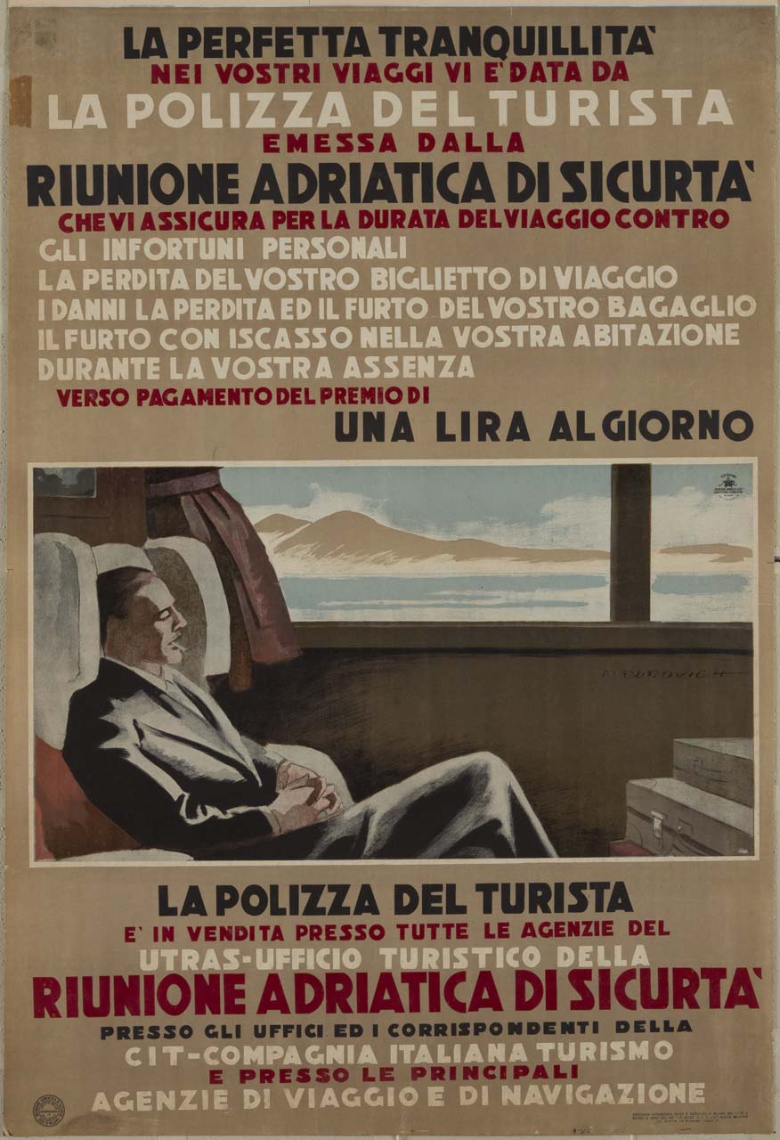 un uomo addormentato, entro uno scompartimento di un treno; dal finestrino un paesaggio di campagna (manifesto) di Dudovich Marcello (sec. XX)