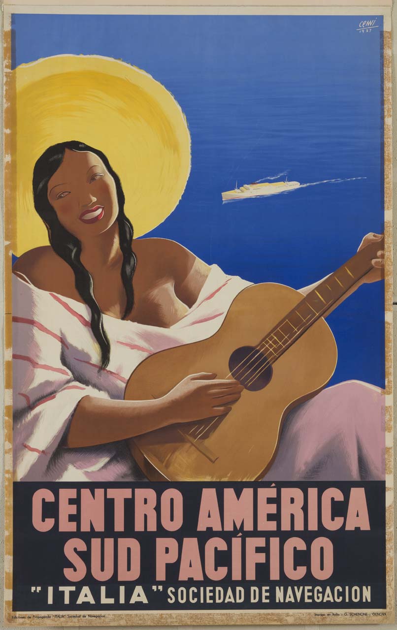 donna con sombrero suona la chitarra; in lontananza un transatlantico naviga in mare (manifesto) di Cenni Quinto (XX)