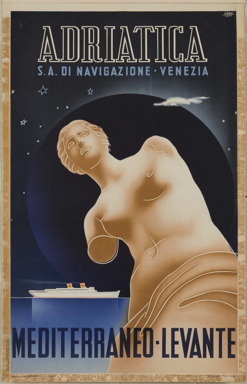 Venere di Milo; sullo sfondo cielo stellato e transatlantico in navigazione sul mare (manifesto) di Cenni Quinto (XX)