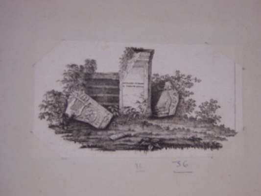 paesaggio con rovine (stampa, frammento) - ambito europeo (fine/inizio secc. XVIII/ XIX)