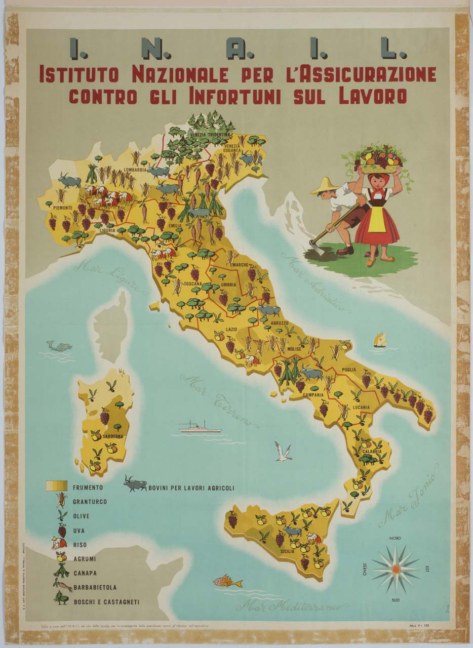 Italia con produzioni agricole e contadini a lavoro (manifesto) di Star - ambito italiano (sec. XX)