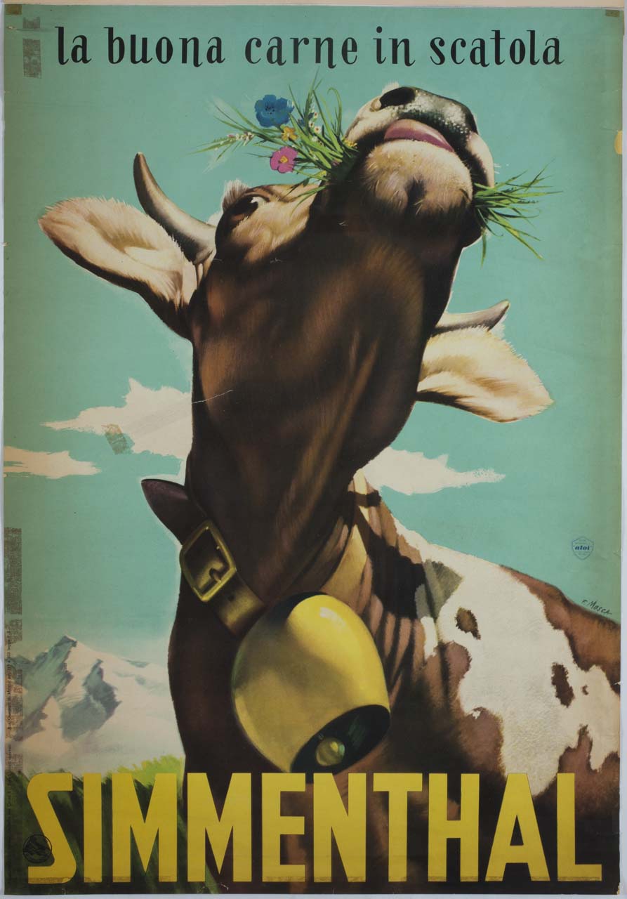 mucca con campanaccio trattiene mazzo di fiori in bocca (manifesto) di Mosca Franco, Studio Aloi (sec. XX)