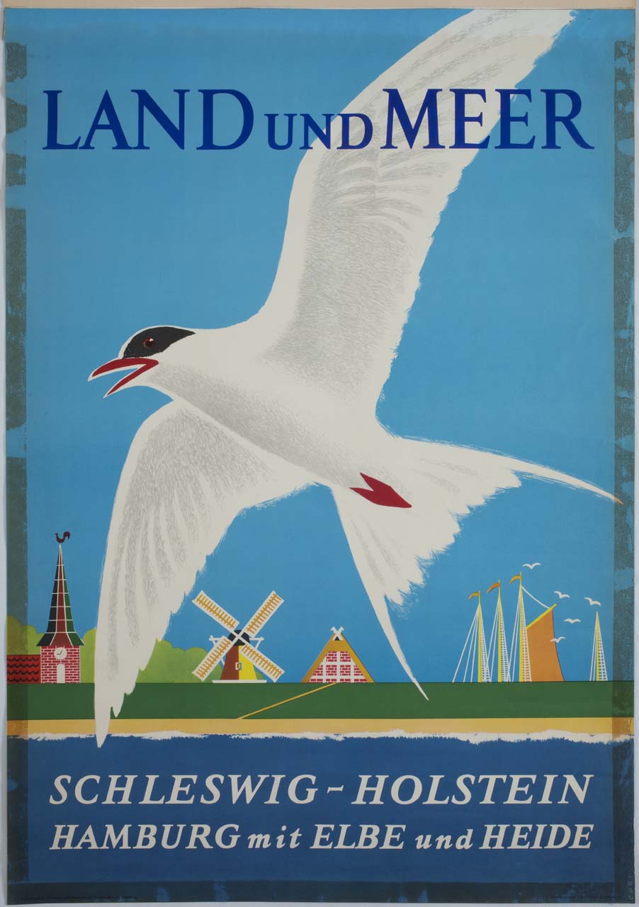 uccello in volo sullo sfondo di un paesaggio stilizzato (manifesto) di Curilla Werner (sec. XX)