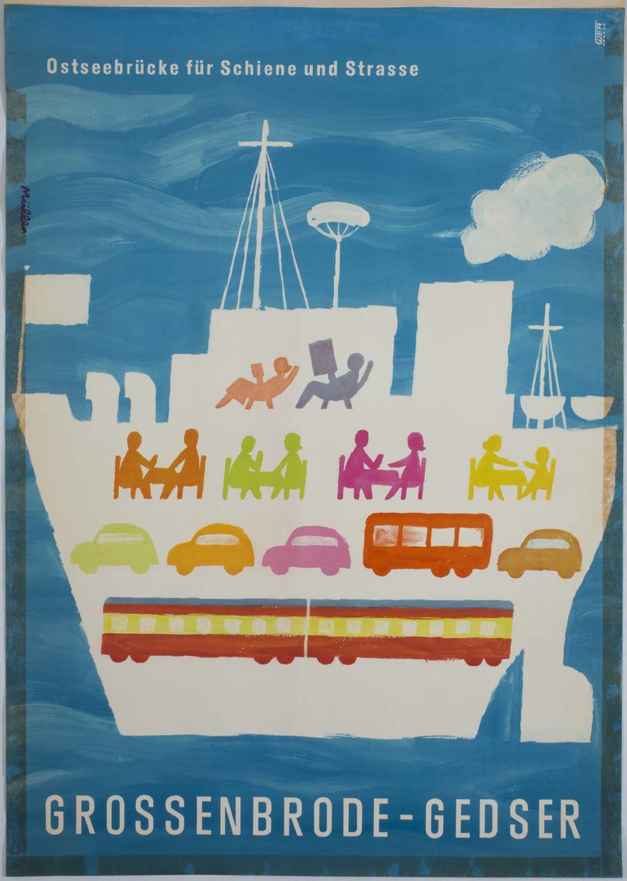 sagoma di nave con passeggeri e mezzi di trasporto (manifesto) di Muller Walter Emil (sec. XX)