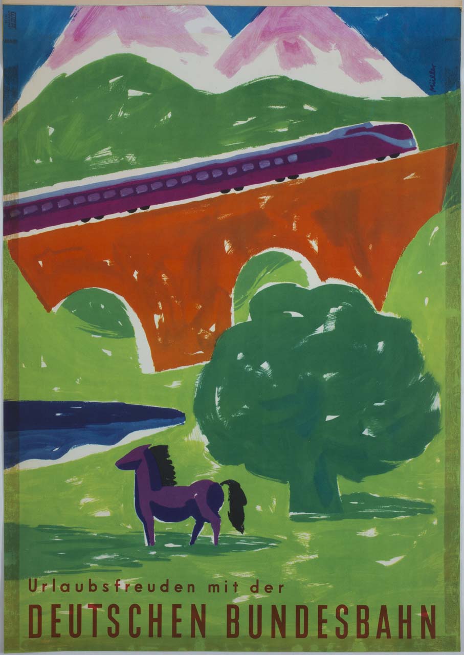 paesaggio con ponte ferroviario percorso da treno e cavallo (manifesto) di Muller Walter Emil (sec. XX)