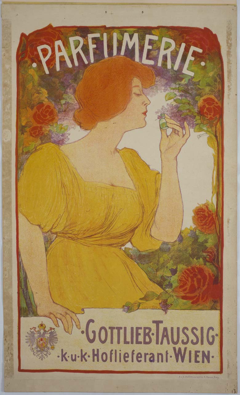 donna in abito giallo avvicina al naso una boccetta di profumo (manifesto) di Orlik Emil (sec. XIX)