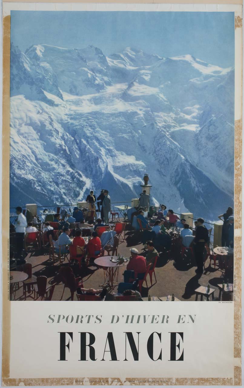 veduta delle Alpi innevate con terrazza panoramica affollata (manifesto) di Machatschek Karl / Machatschek Charles (sec. XX)