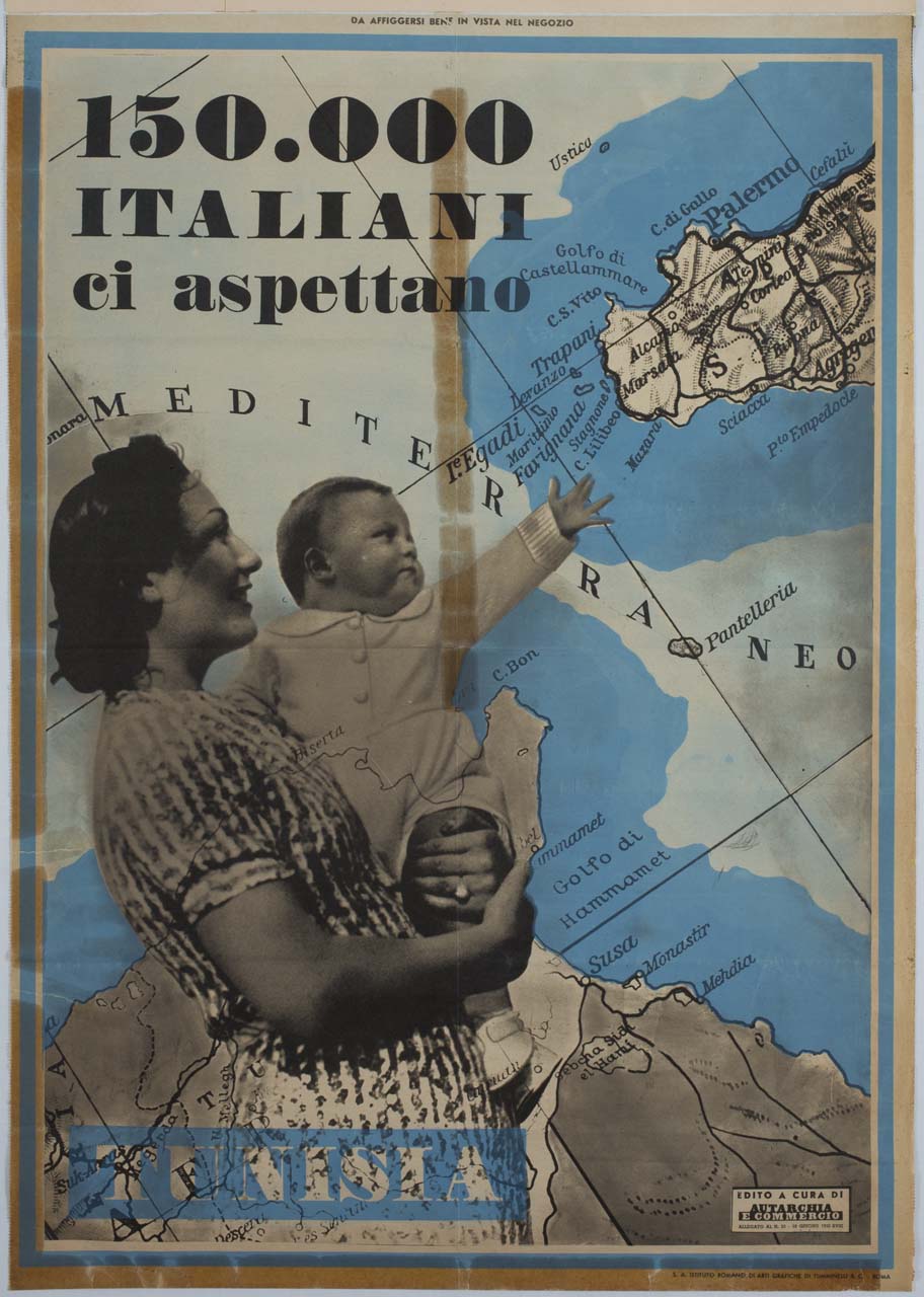 madre con figlio sullo sfondo di una carta geografica (manifesto) - ambito italiano (sec. XX)