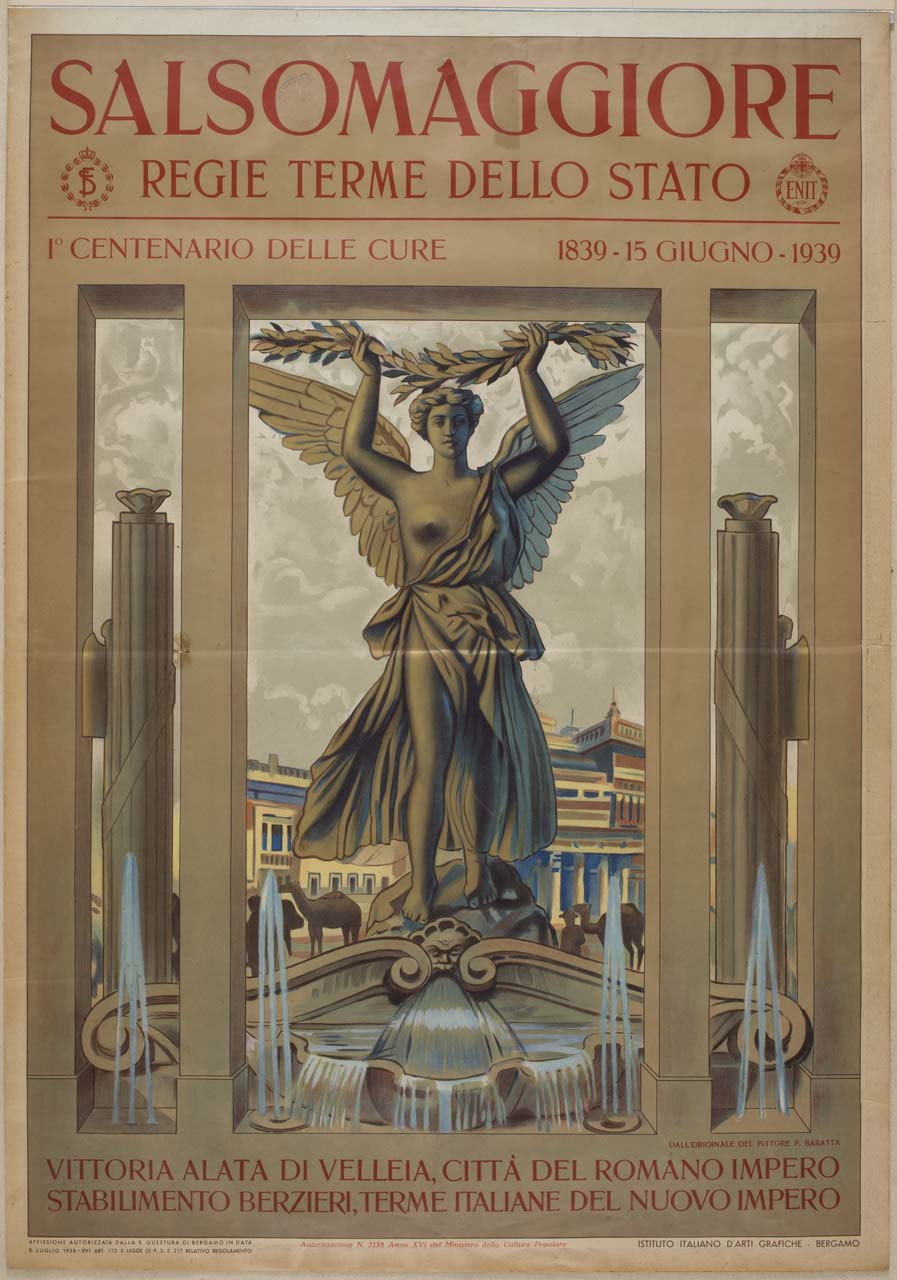 fontana con riproduzione della Vittoria alata di Veleia (manifesto) - ambito italiano (sec. XX)