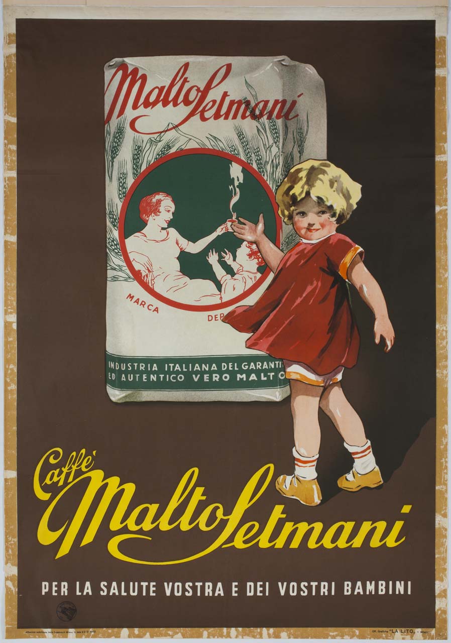 bambina in abito rosso indica un pacchetto di succedaneo del caffè (manifesto) - ambito italiano (sec. XX)