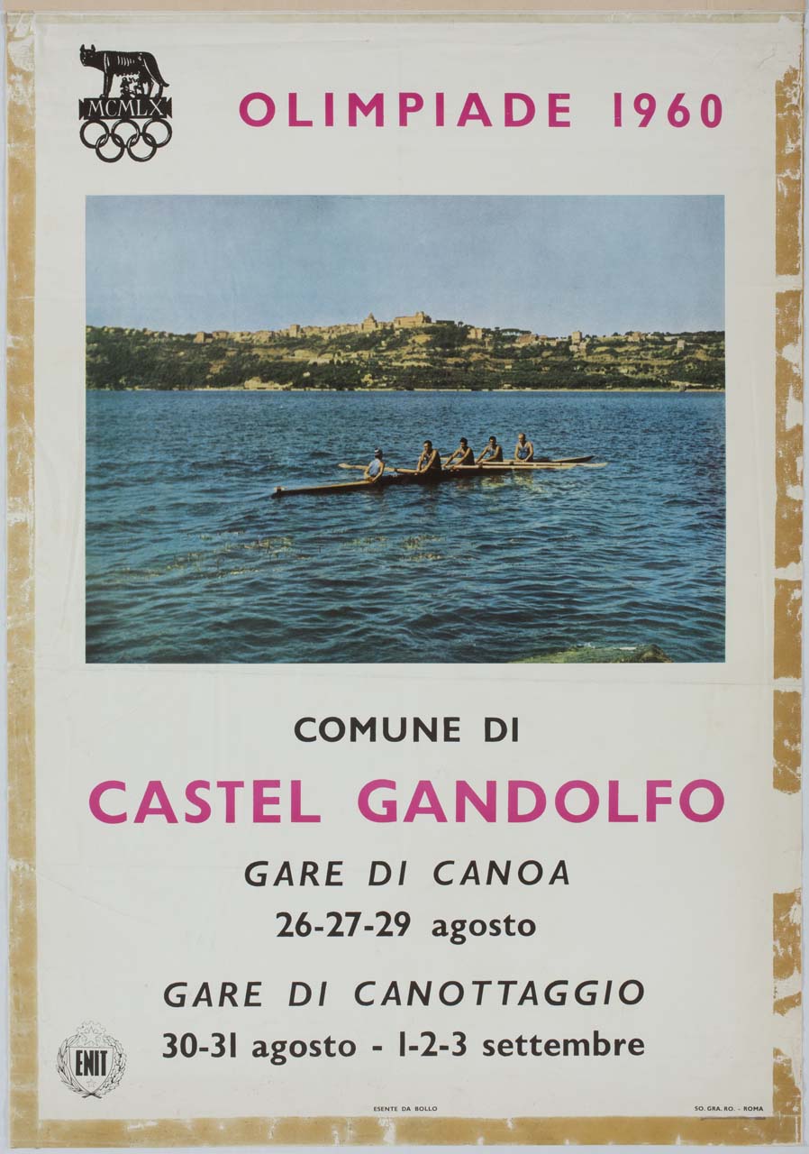 veduta fotografica del lago di Castel Gandolfo con imbarcazione per canottaggio (manifesto) - ambito italiano (sec. XX)