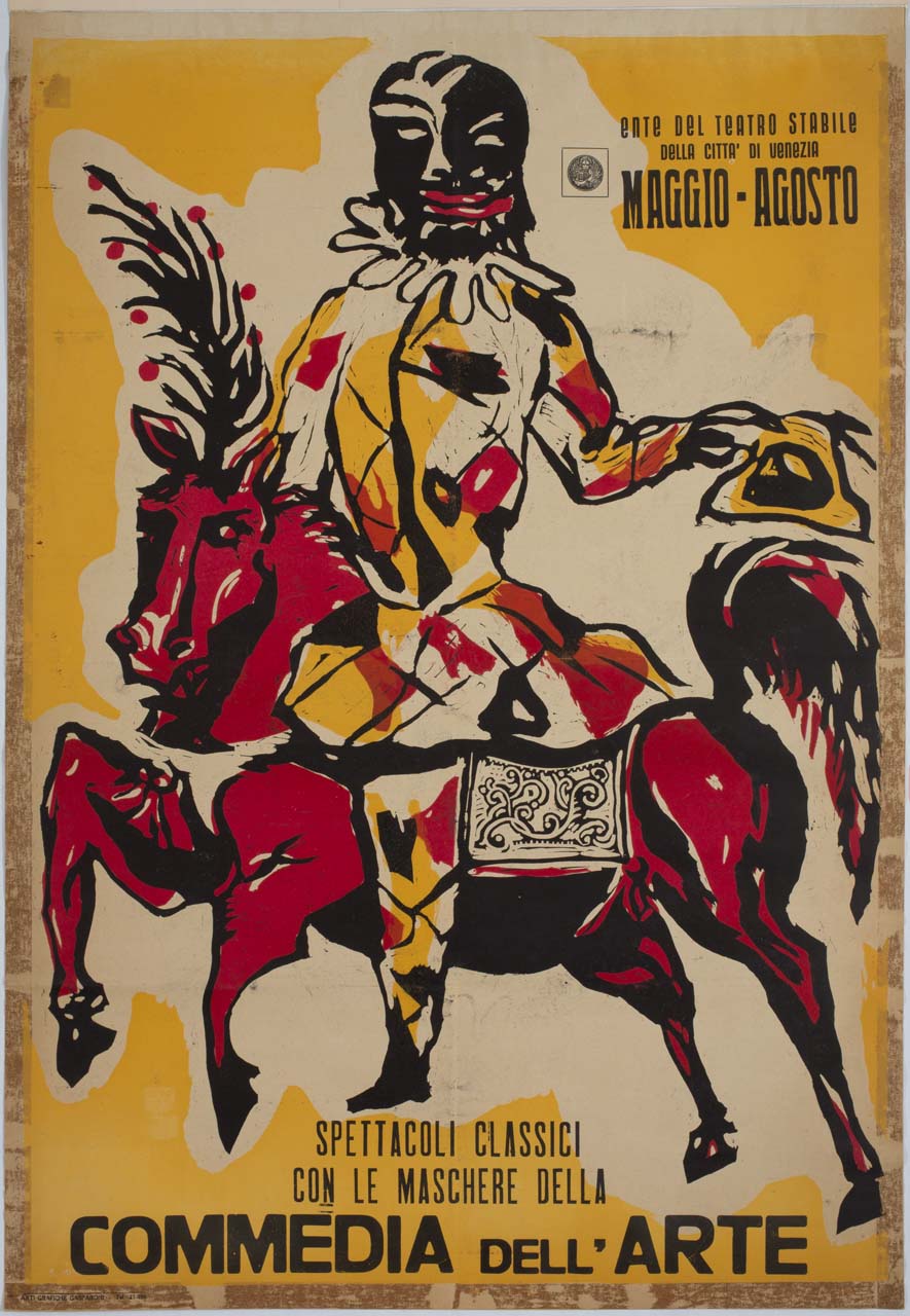 arlecchino a cavallo (manifesto) di Scandella Mischa (sec. XX)