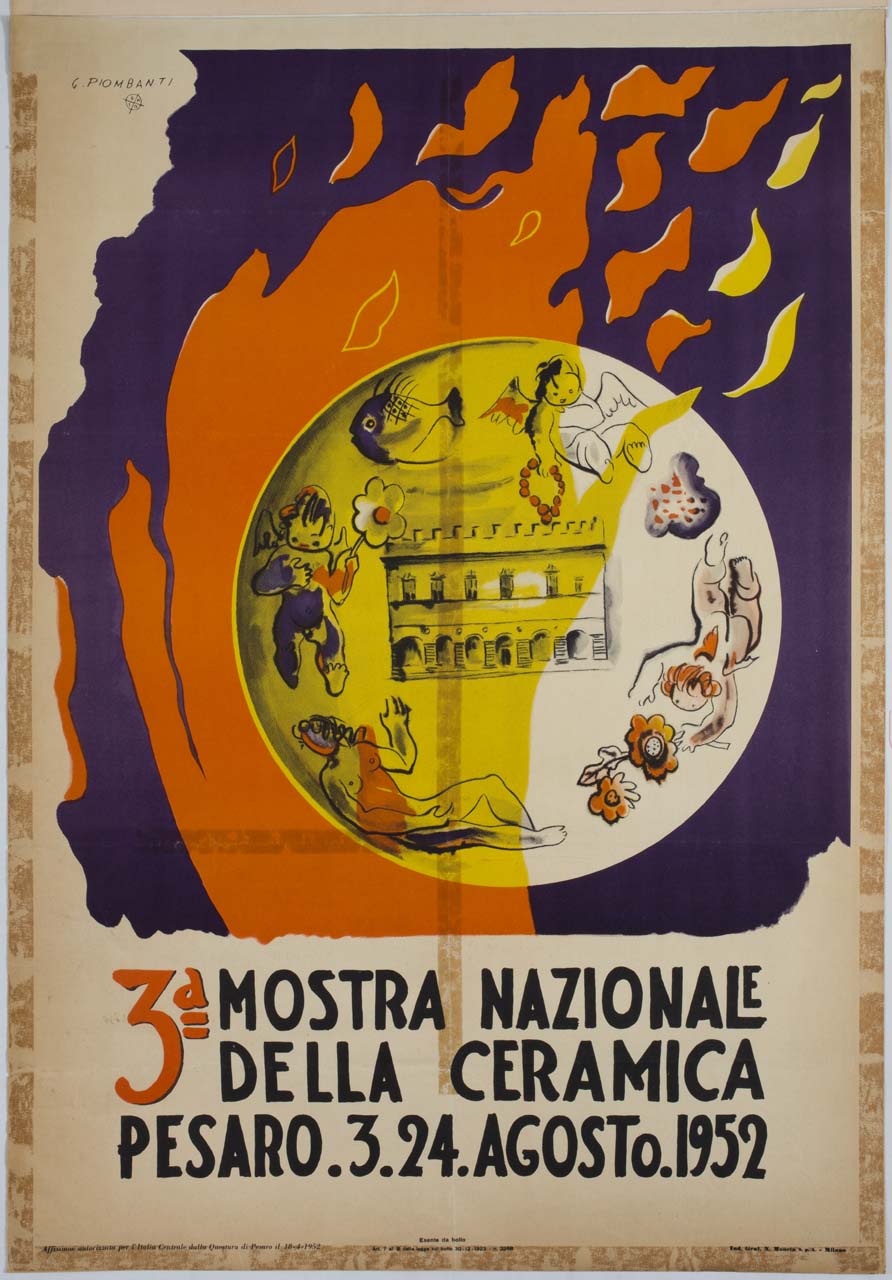 piatto di ceramica dipinto sullo sfondo di una fiamma (manifesto) di Piombanti Ammannati Giuseppe (sec. XX)