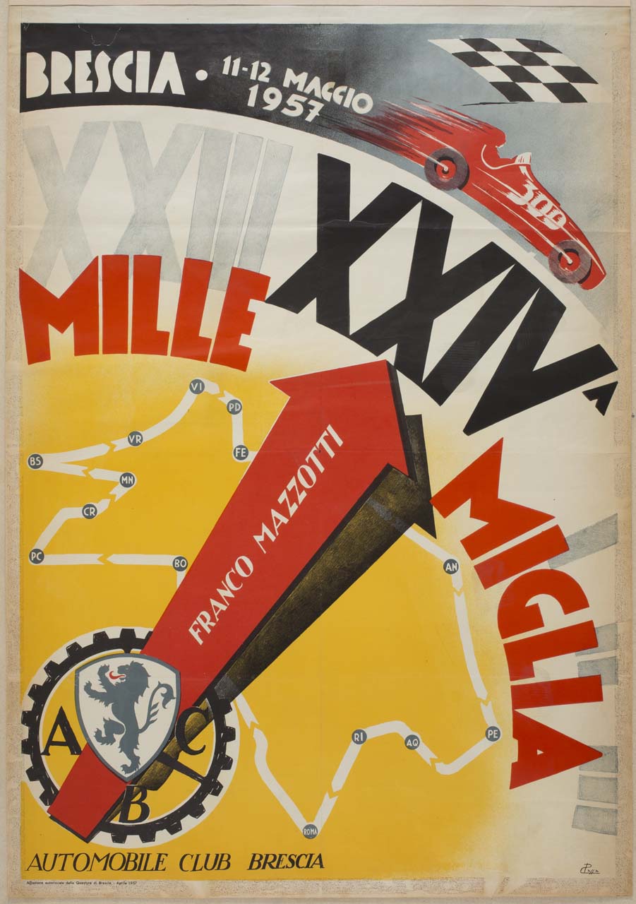 emblema dell'Automobile Club di Brescia e freccia che indica il percorso delle Mille Miglia (manifesto) di Cassa Paolo (sec. XX)