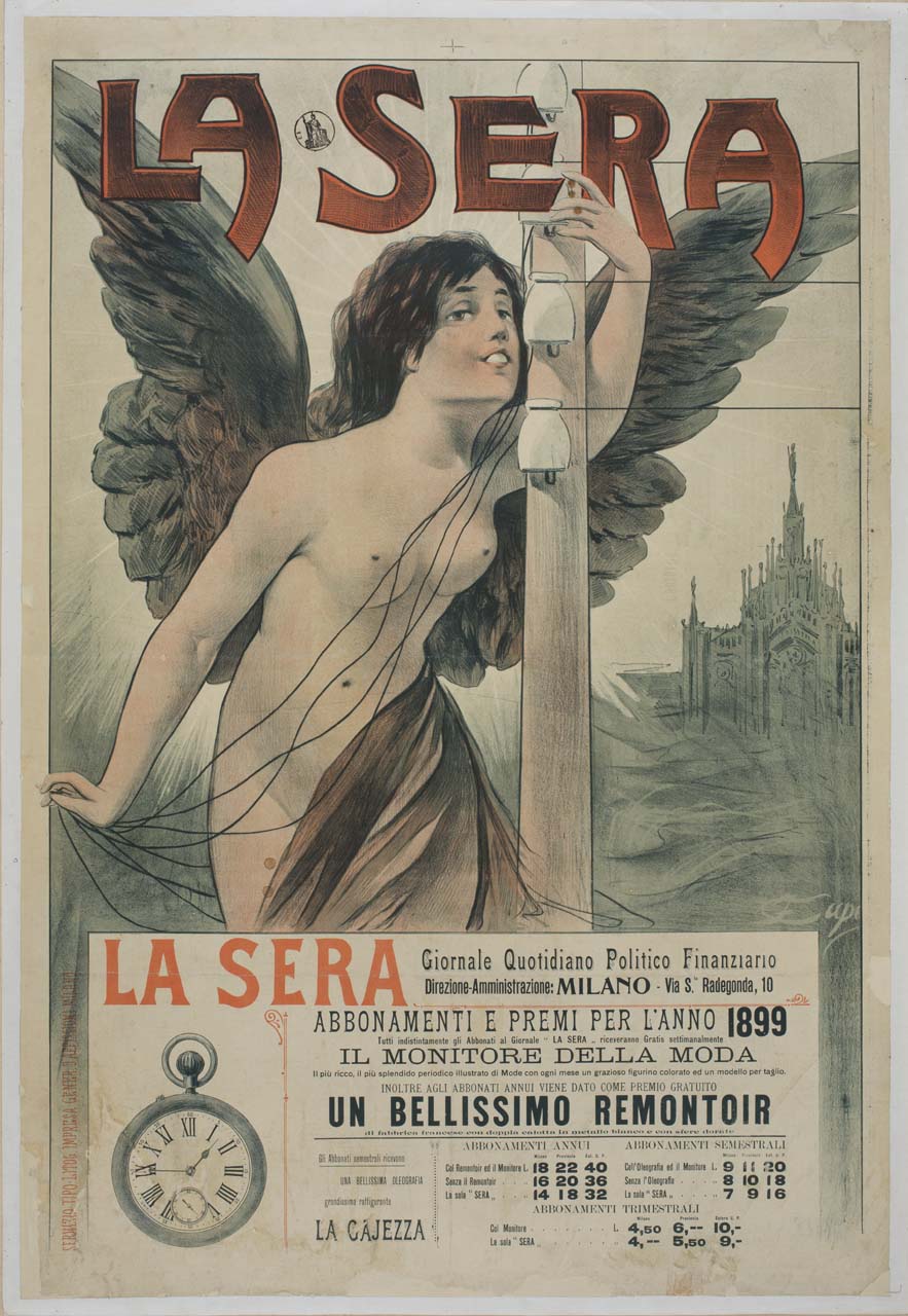 figura femminile alata accanto a palo delle linee del telegrafo (manifesto) di Capi F - ambito italiano (sec. XIX)