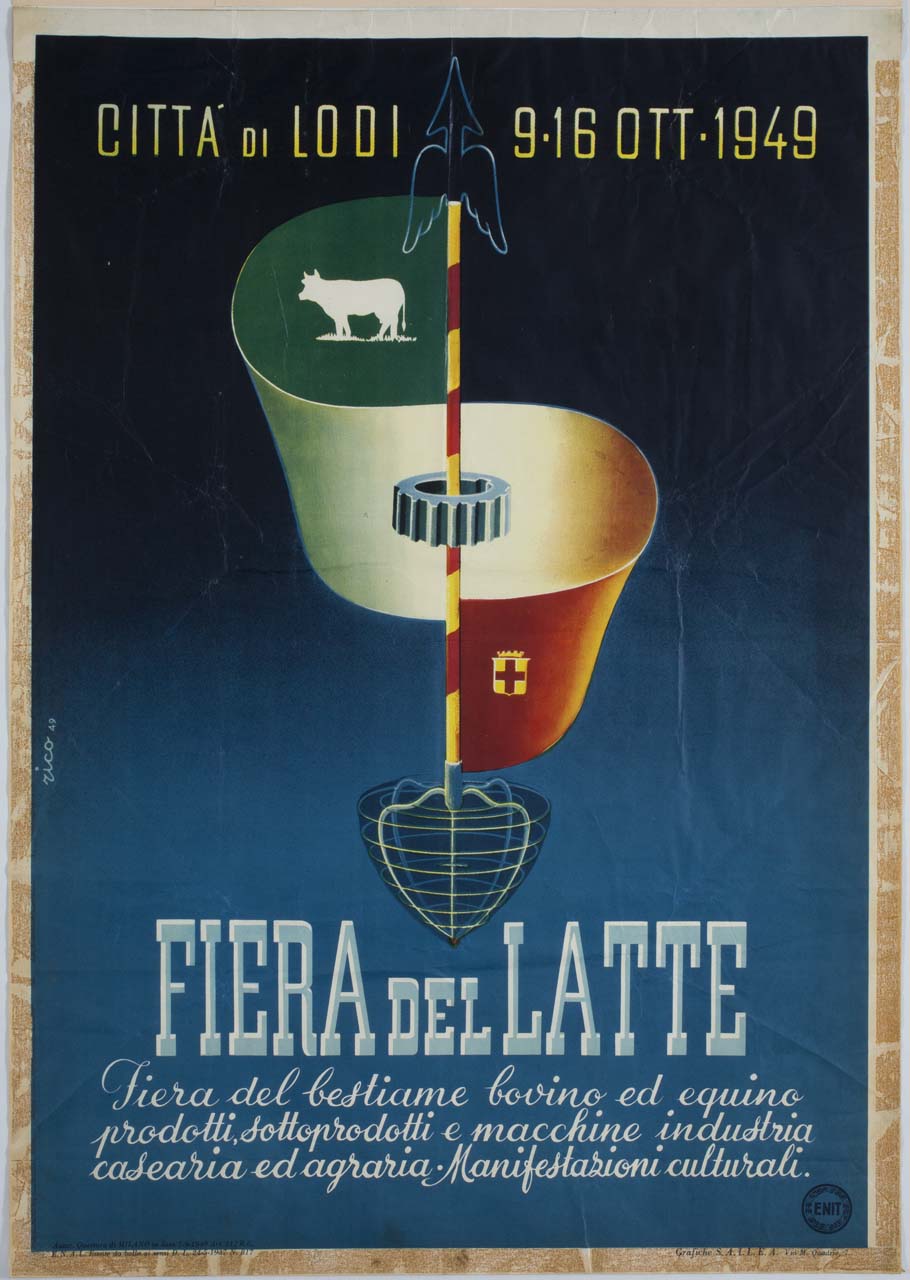 bandiera italiana con sagoma di bovino, spino frangicagliata e ruota dentata (manifesto) di Rico (sec. XX)