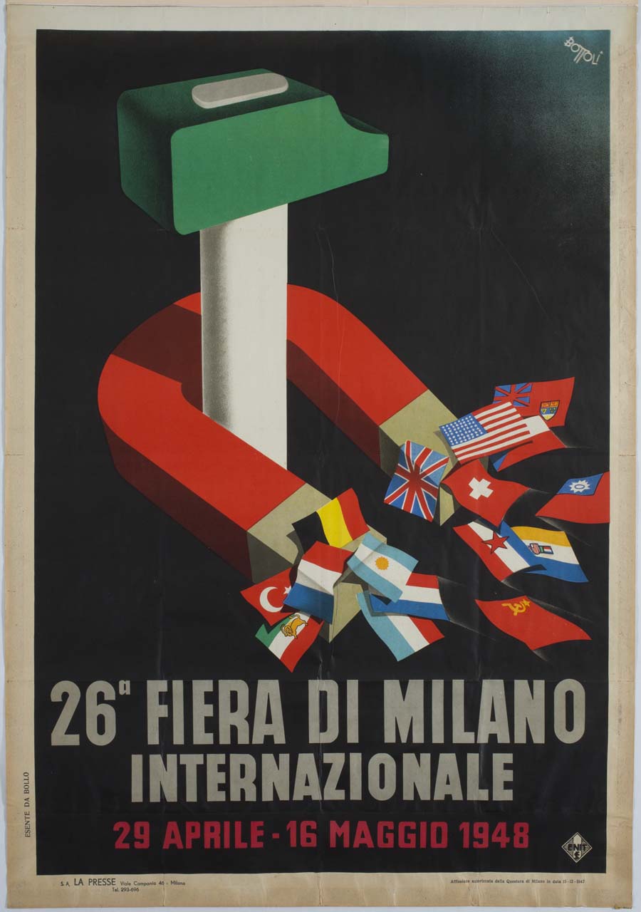 martello e bandiere attratte da magnete (manifesto) di Bottoli Matteo (sec. XX)
