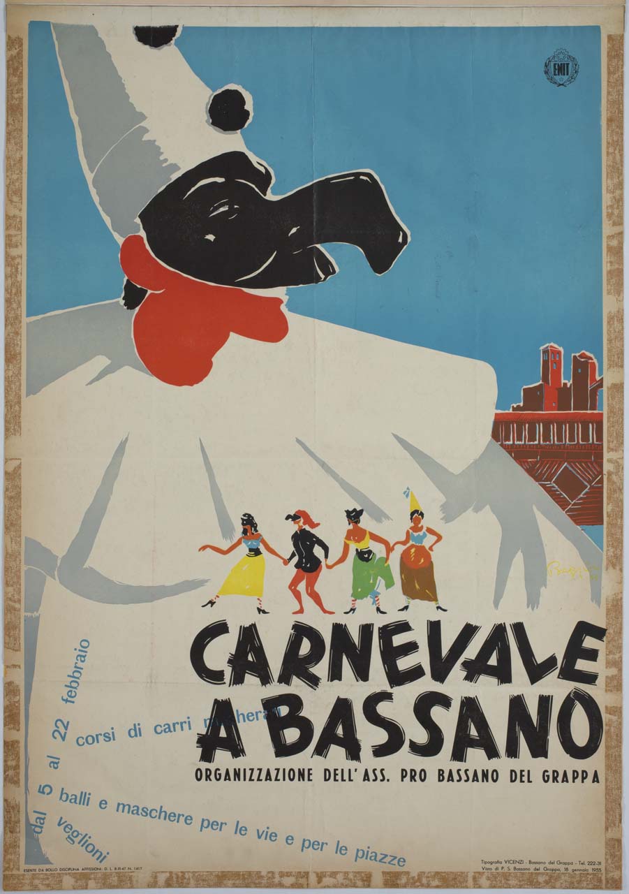 Pulcinella e figure mascherate sullo sfondo del ponte di Bassano (manifesto) di Breggion Bruno (sec. XX)