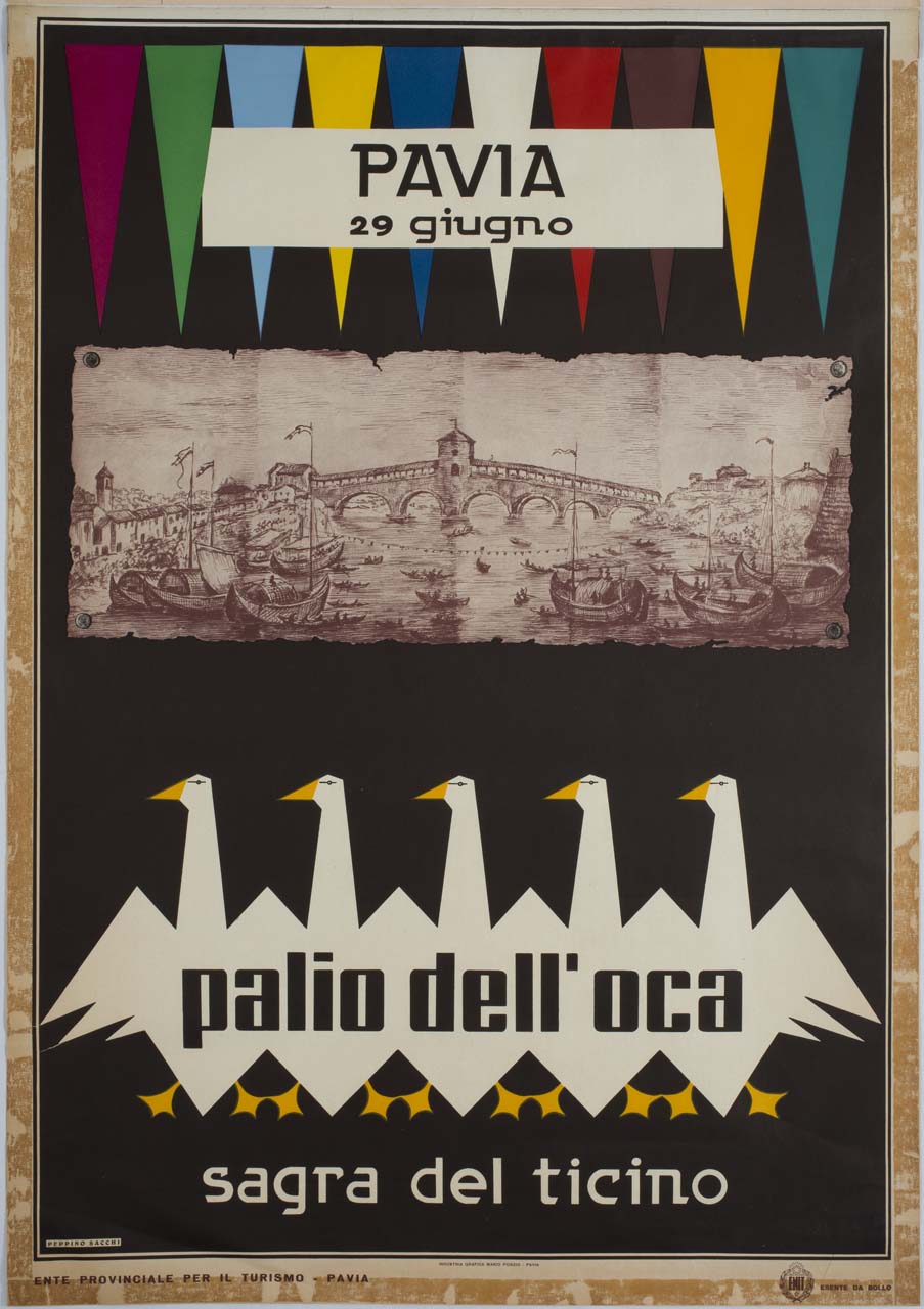 veduta fluviale di Pavia e cinque oche stilizzate (manifesto) di Sacchi Peppino (sec. XX)