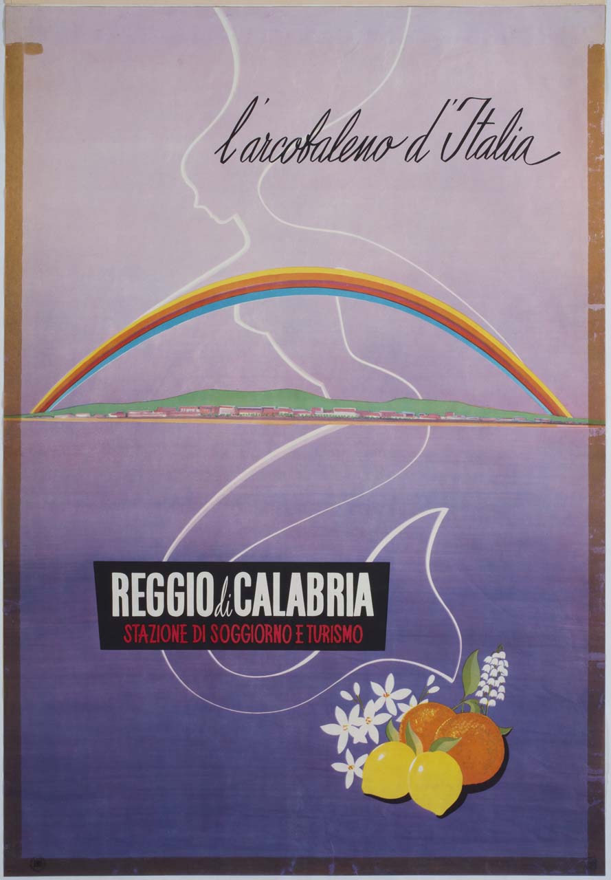silhouette di sirena con arcobaleno su sfondo di paesaggio marino (manifesto) - ambito italiano (sec. XX)