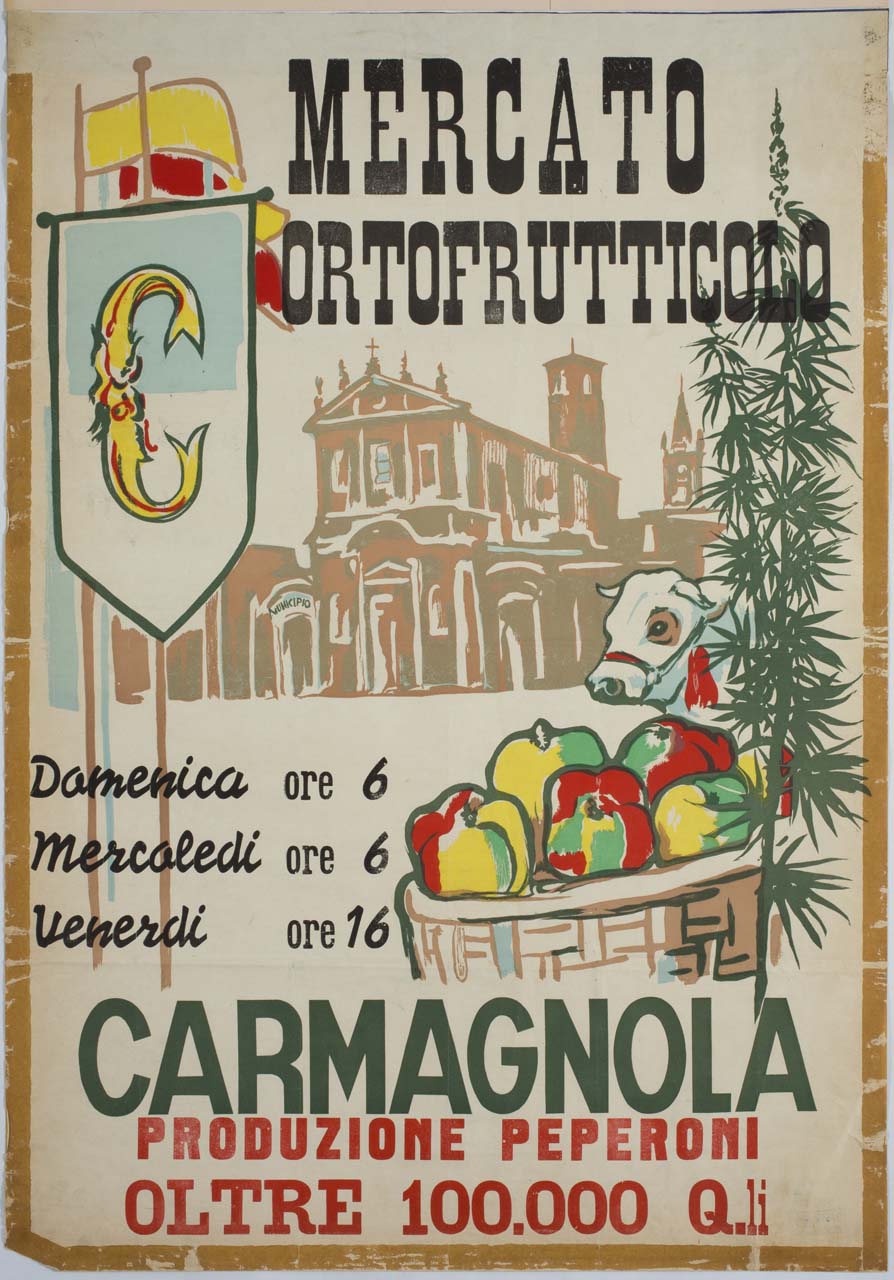 chiesa di Santo Stefano a Carmagnola, con peperoni, mucca e vessilli (manifesto) - ambito italiano (sec. XX)
