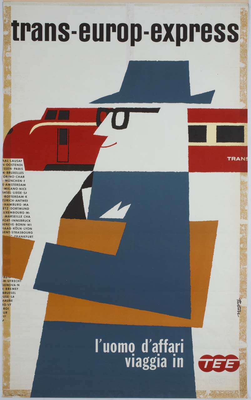 uomo con giornale e treno sul fondo (manifesto) di Pasture - ambito belga (sec. XX)