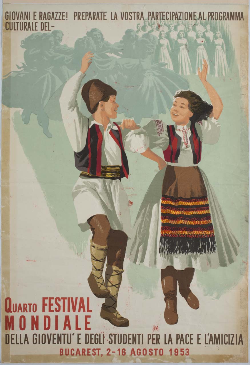 coppia di giovani danzatori in costume popolare rumeno (manifesto) - ambito europeo (sec. XX)
