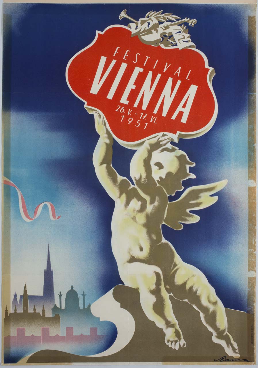 putto alato con targa iscritta e monumenti di Vienna (manifesto) di Slama Victor Theodor (sec. XX)