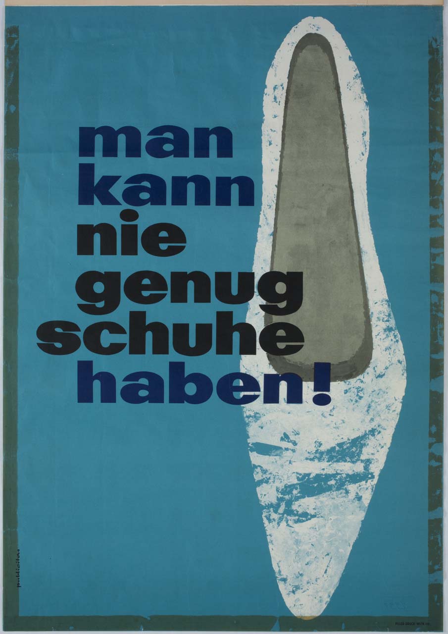 scarpa da donna in verticale su sfondo azzurro (manifesto) - ambito austriaco (sec. XX)