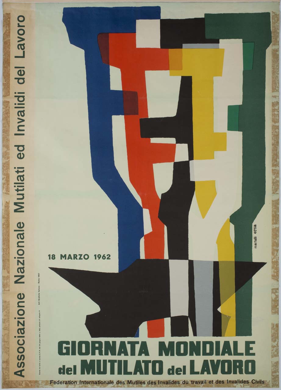 composizione stilizzata con incudine e stampelle multicolori (manifesto) di Martelli Alessandro, Studio Orsa (sec. XX)