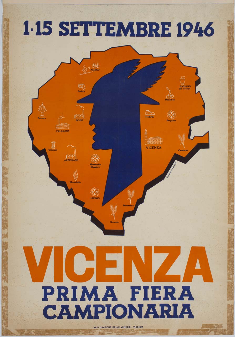 profilo di Mercurio sullo sfondo della carta geografica della provincia di Vicenza (manifesto) di Giordana, Pagliaro - ambito italiano (sec. XX)