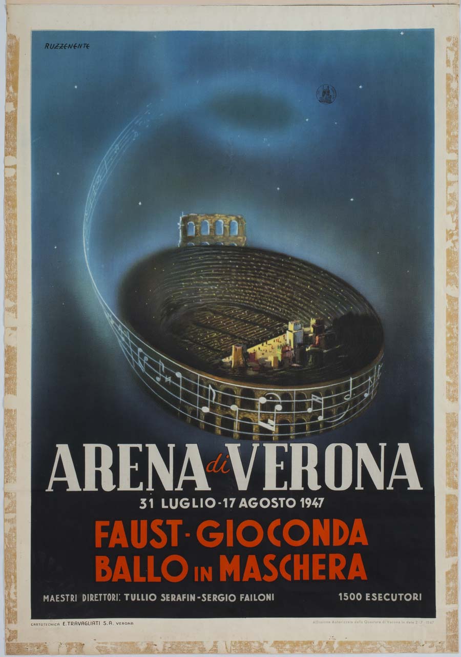 arena di Verona avvolta da pentagramma musicale (manifesto) di Ruzzenente Tolmino (sec. XX)