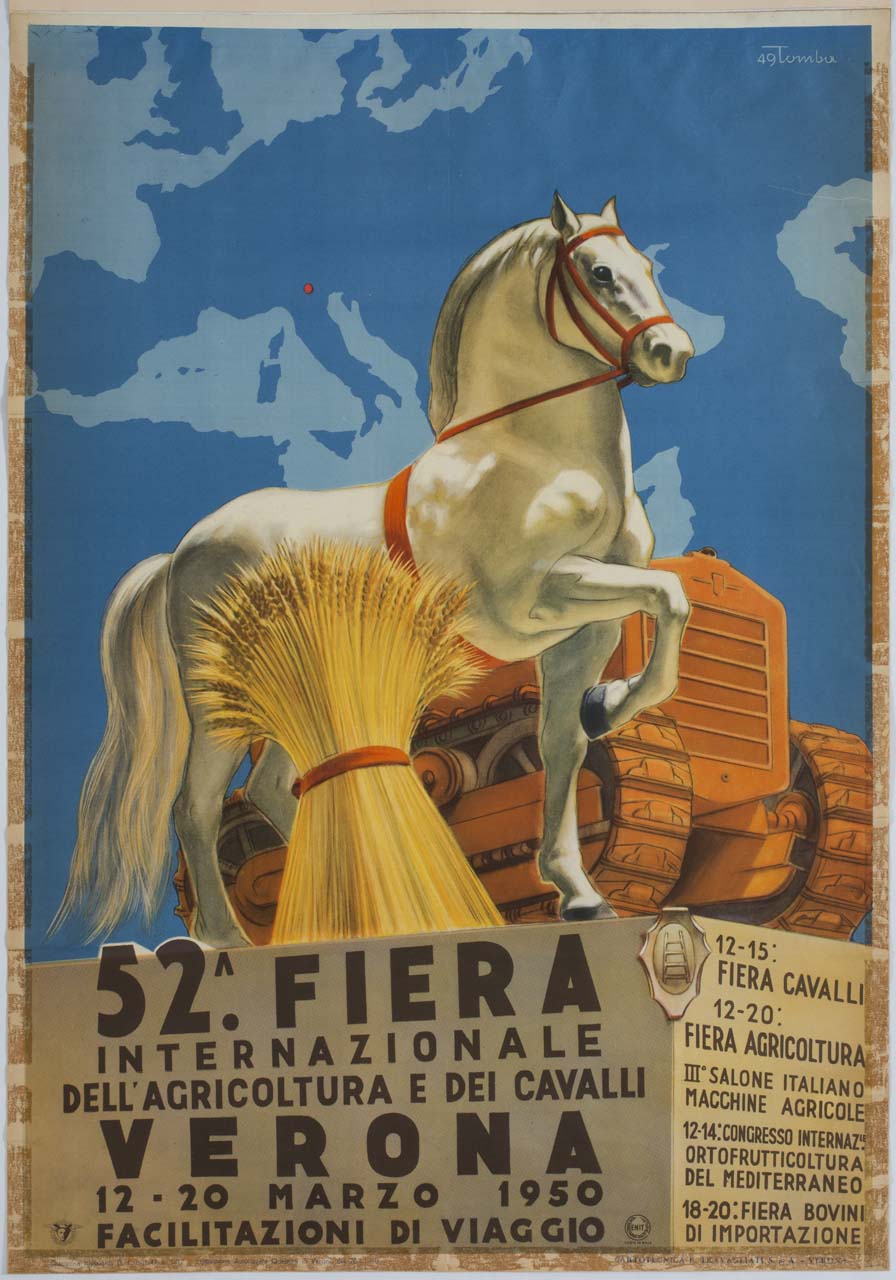 cavallo su un basamento tra un trattore cingolato e un fascio di spighe (manifesto) di Tomba Ernesto Amos (sec. XX)