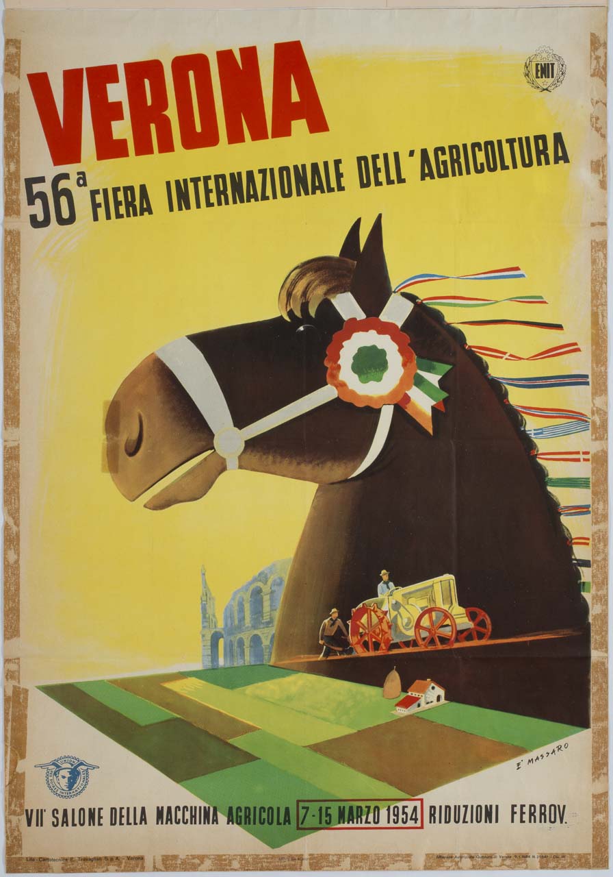 muso di cavallo con coccarda tricolore, contadini intenti all'aratura e Arena di Verona sullo sfondo (manifesto) di Massaro Emilio (sec. XX)