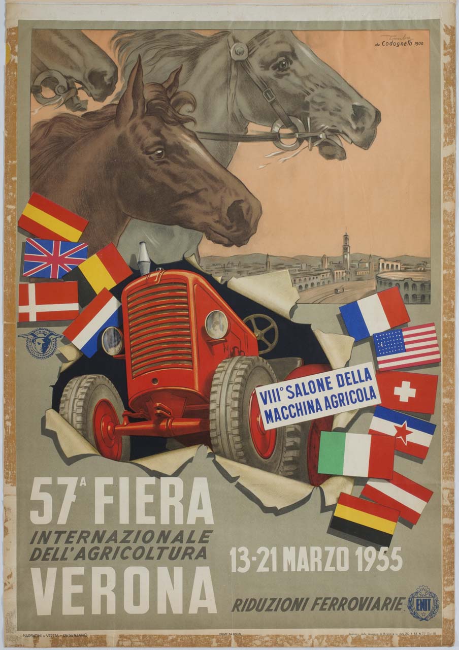 trattore che sbuca da uno squarcio circondato da bandiere con teste di cavalli e veduta di Verona (manifesto) di Tomba Ernesto Amos (sec. XX)