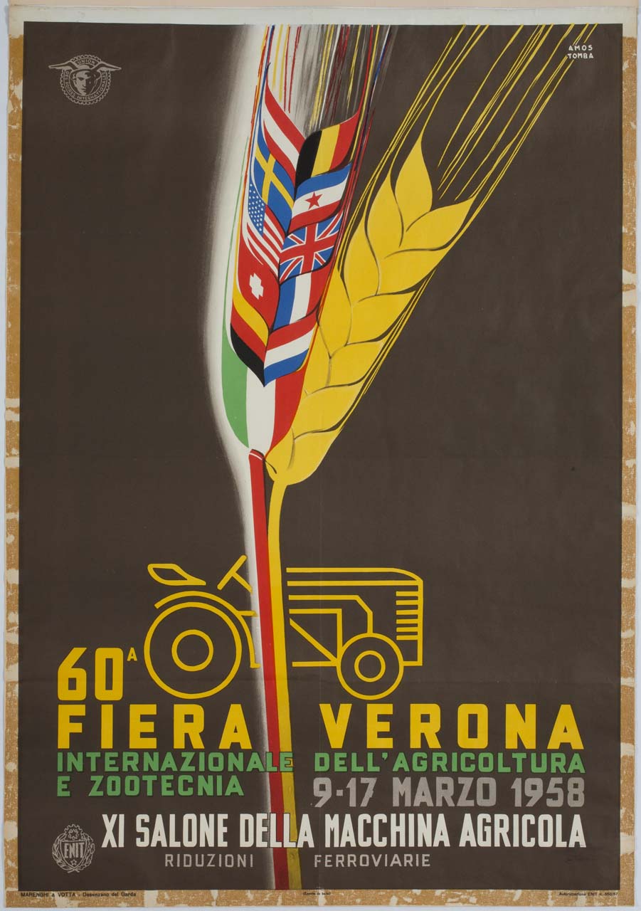 spighe di grano con bandiere e trattore (manifesto) di Tomba Ernesto Amos (sec. XX)