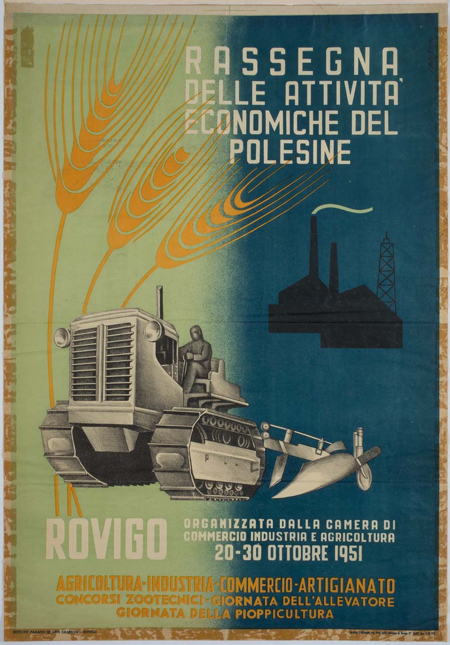 figura maschile guida un trattore con aratro (manifesto) di Santini - ambito italiano (sec. XX)