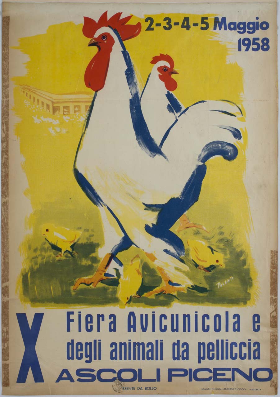 gallo e gallina con pulcini (manifesto) di Polenti Umberto (sec. XX)