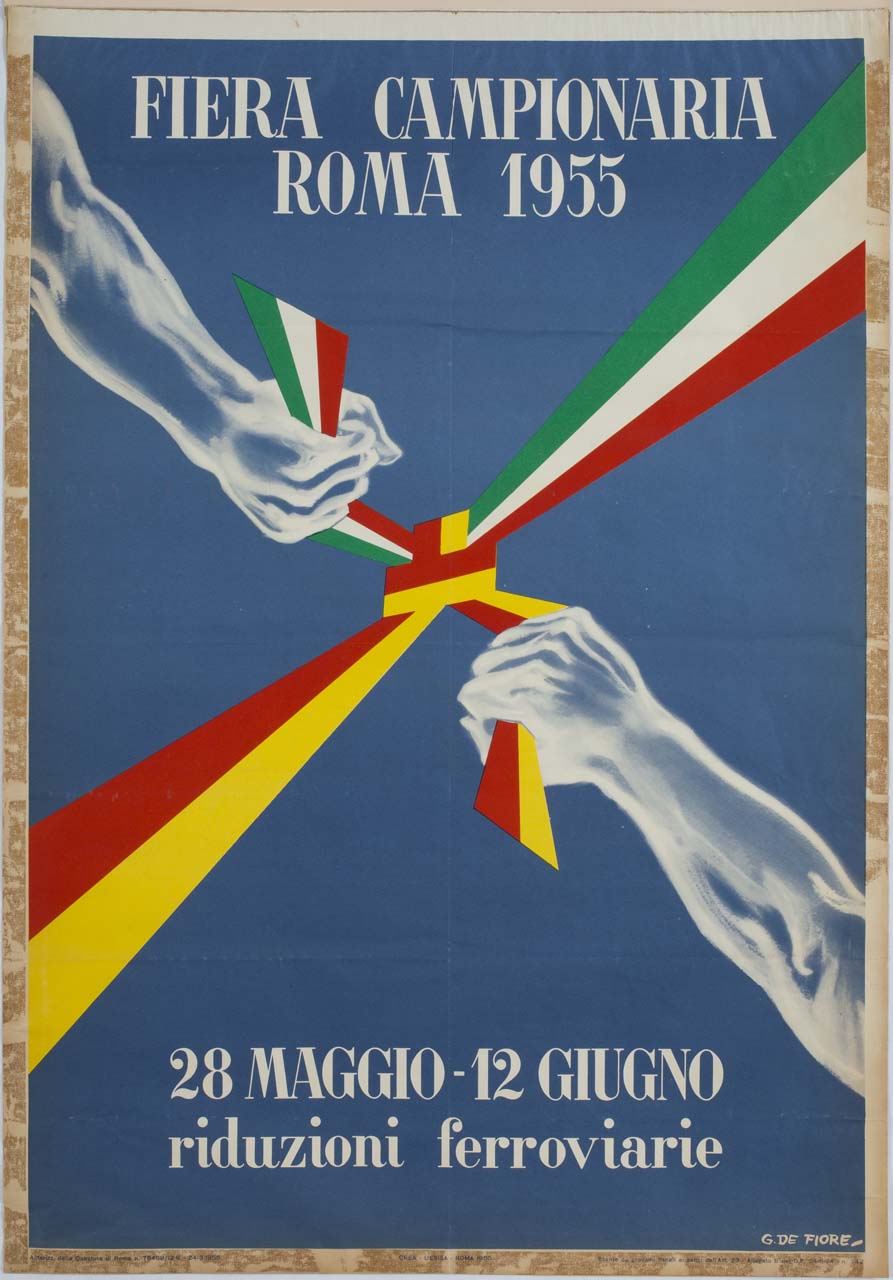 due braccia maschili stringono il nodo formato dal nastro tricolore e da quello della città di Roma (manifesto) di De Fiore Gaspare (sec. XX)