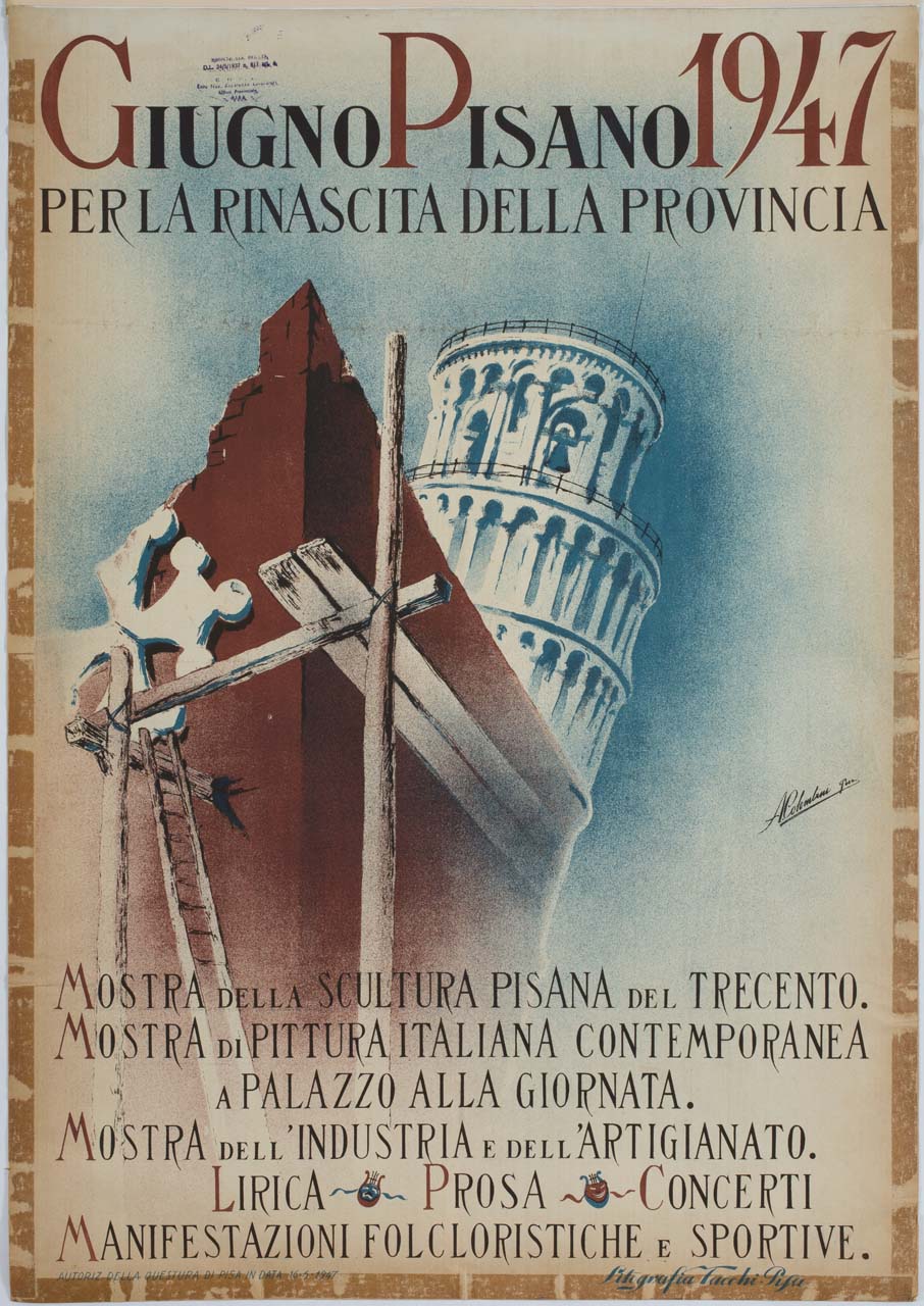 torre di Pisa ed edificio semidistrutto con impalcatura (manifesto) di Colombini Adolfo (sec. XX)