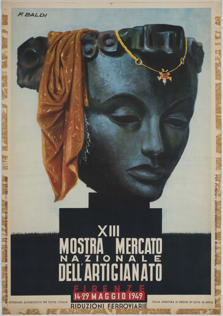 scultura di volto femminile con collana e drappo (manifesto) di Baldi Ferruccio detto Etrusco (sec. XX)