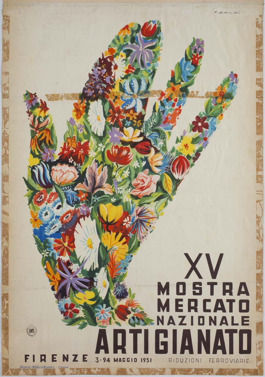 mano formata da un insieme di fiori (manifesto) di Baldi Ferruccio detto Etrusco (sec. XX)