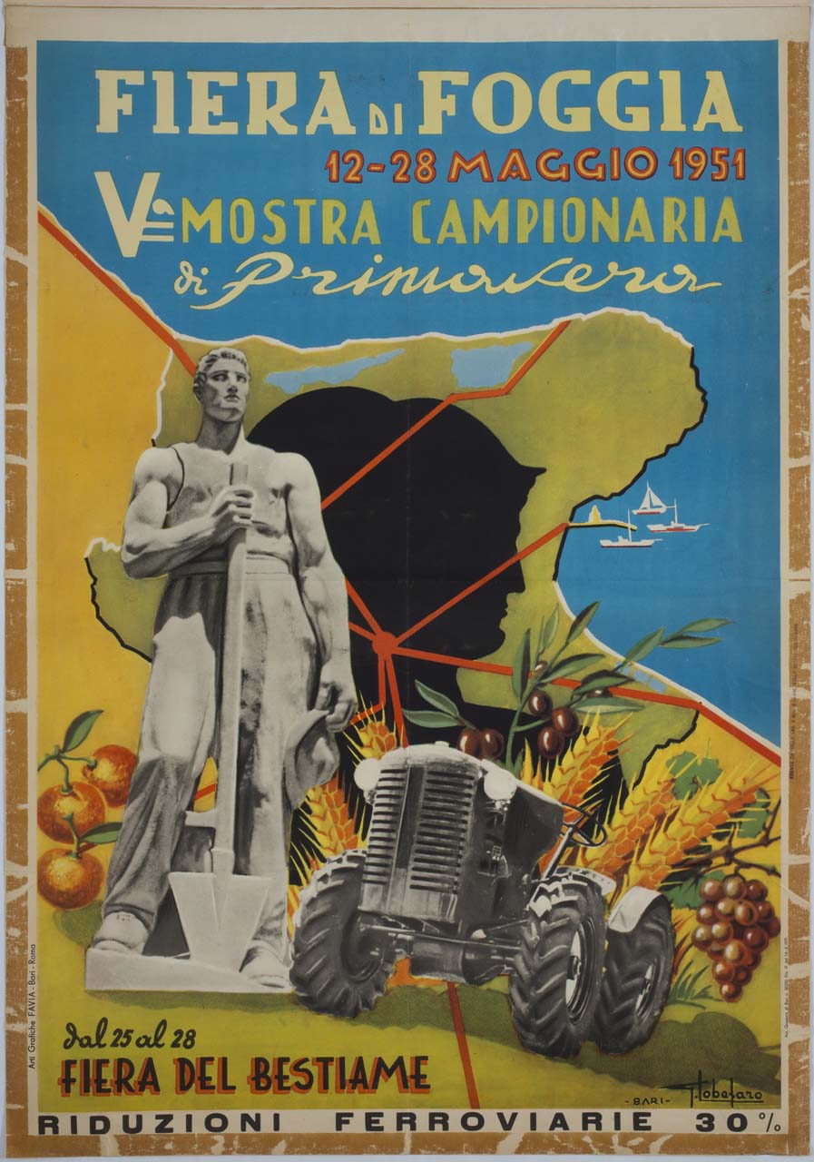 agricoltore, trattore e prodotti agricoli sullo sfondo della Puglia (manifesto) di Lobefaro Giuseppe (sec. XX)