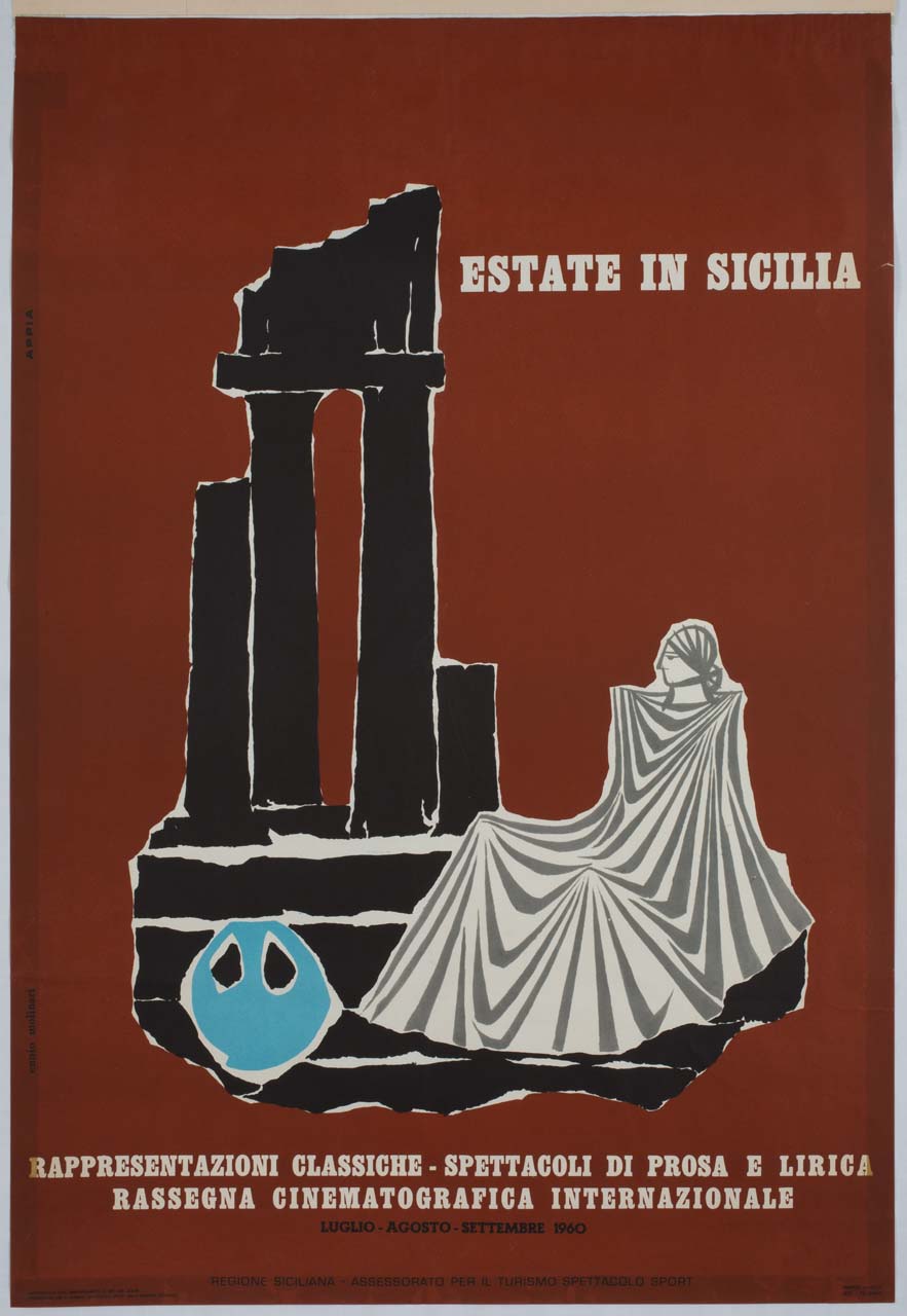 donna con tunica drappeggiata siede sui gradini di un tempio in rovina (manifesto) di Molinari Ennio, Appia - ambito italiano (sec. XX)