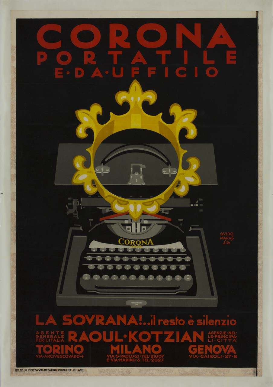 macchina per scrivere dentro la sua custodia sormontata da corona (manifesto) di Marussig Guido (sec. XX)