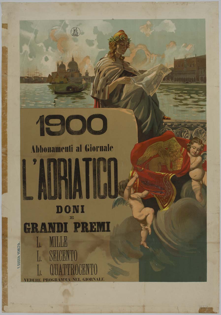 personificazione di Venezia legge il giornale sullo sfondo del bacino di San Marco (manifesto) - ambito italiano (secc. XIX/ XX)